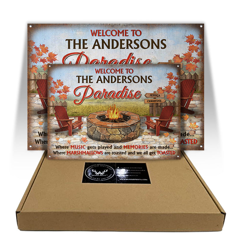 Camping Fire Pit Welcome To Our Paradise - Personalized Custom Classic Metal Signs