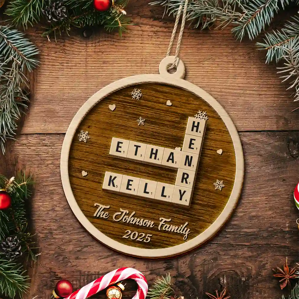 Crossword Christmas Family Name - Personalized Wooden Ornament
