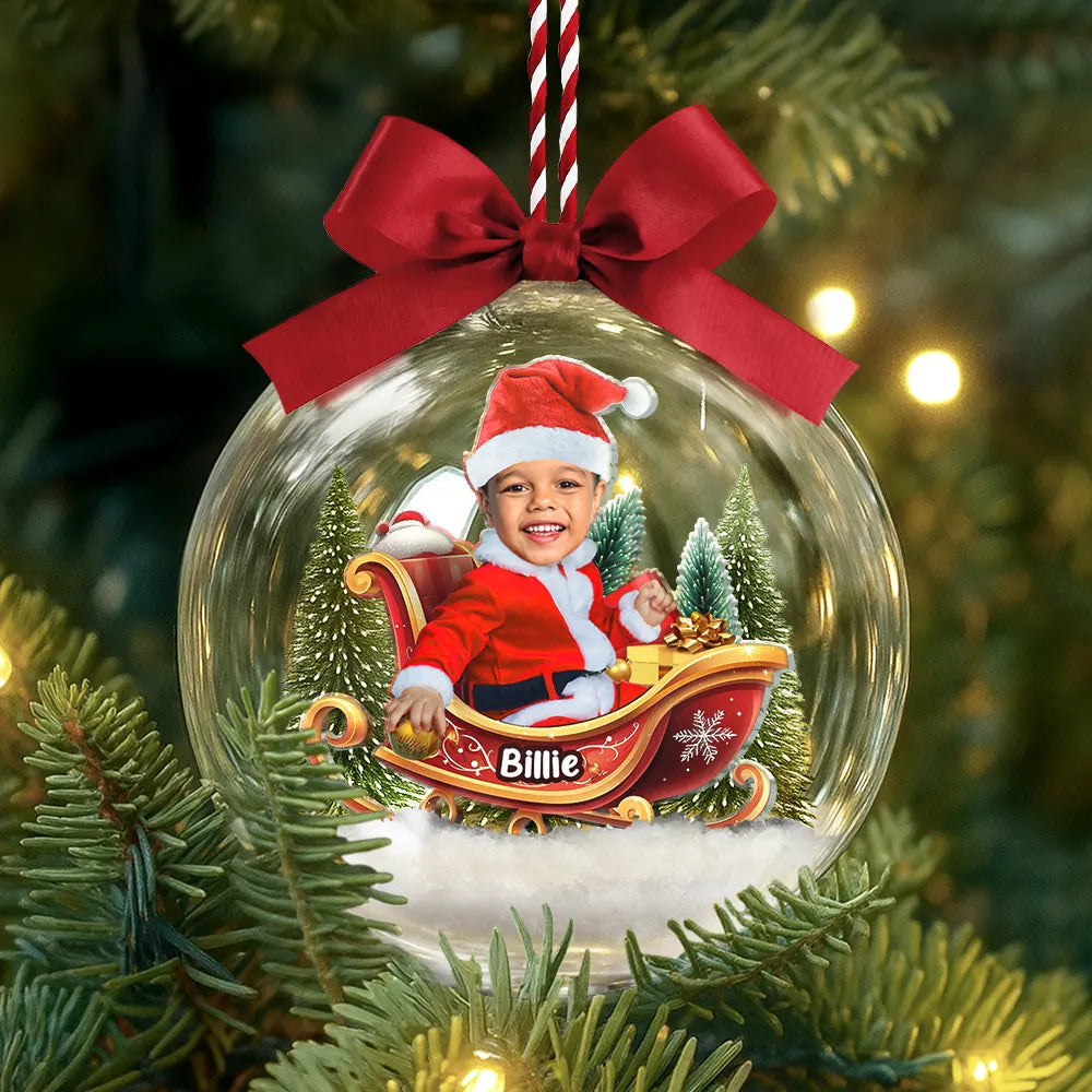 Custom Photo Baby And Kid In Sleigh - Personalized Photo 3D Acrylic Ball Ornament