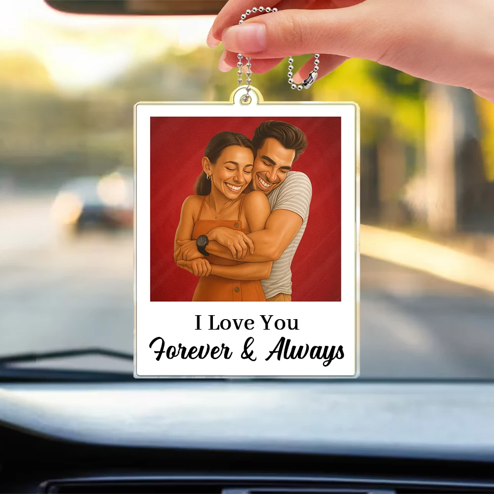 Custom Photo Caricature Funny Couple Drive Safe I Love You - Personalized Acrylic Car Hanger