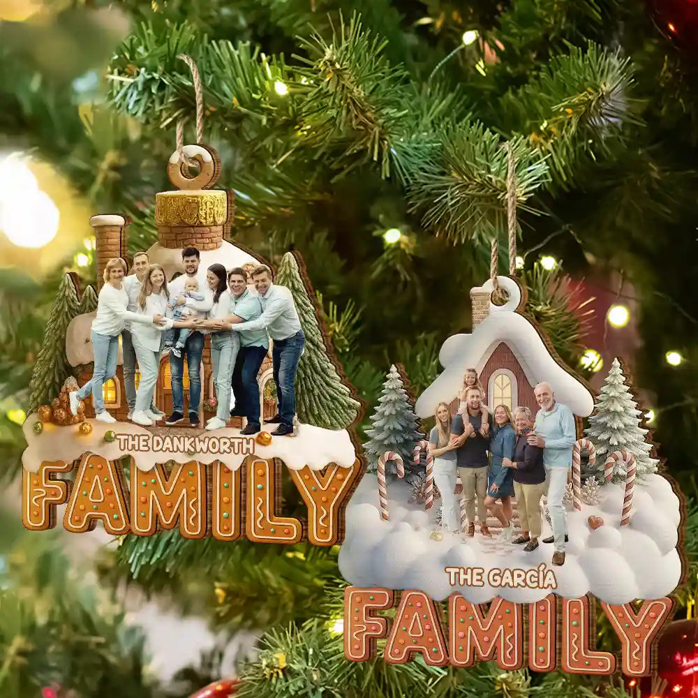 Custom Photo Family Christmas House - Personalized Custom Shaped Wooden Ornament
