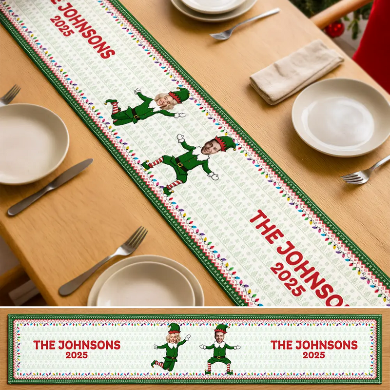 Custom Photo Funny Christmas Elf Family Face Cut - Personalized Table Runner