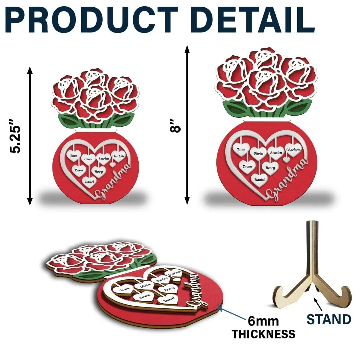 Family - Grandma Mom Roses - Personalized 2-Layered Wooden Plaque With Stand The Next Custom Gift