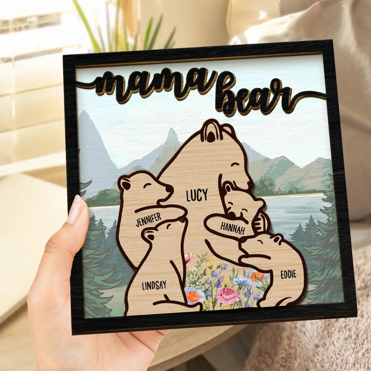 Family - Mama Bear - Gift For Mothers - Personalized 2-Layered Wooden Plaque With Stand (AB) Wooden Plaque The Next Custom Gift