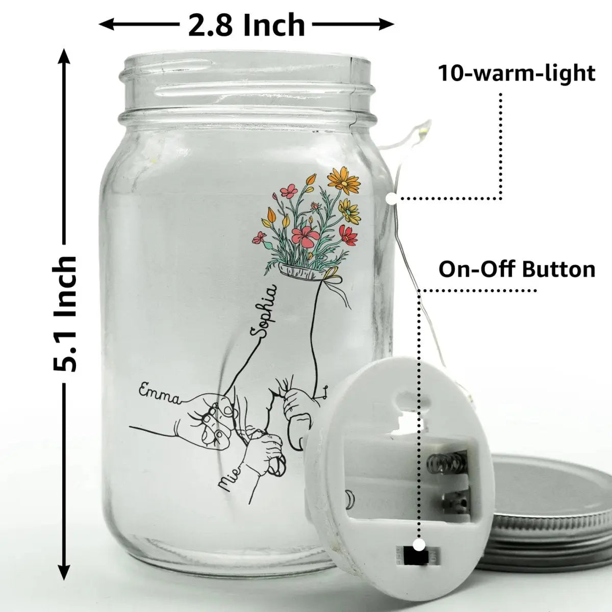Family - Mom Grandma Floral Hands Holding - Personalized Mason Jar Light The Next Custom Gift