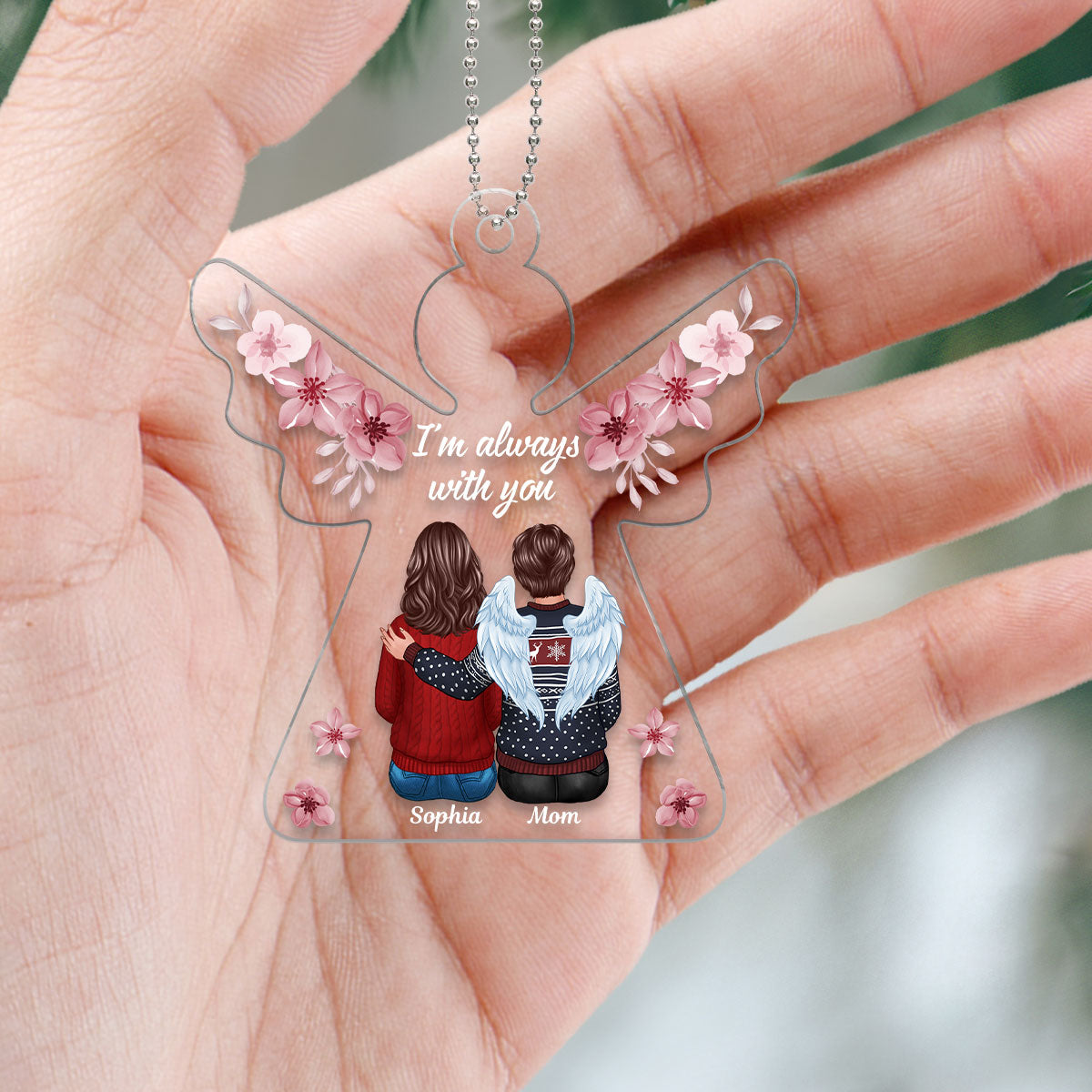 Always With You Pink Flowers Angel Shaped Memorial Keepsake Personalized Acrylic Ornament
