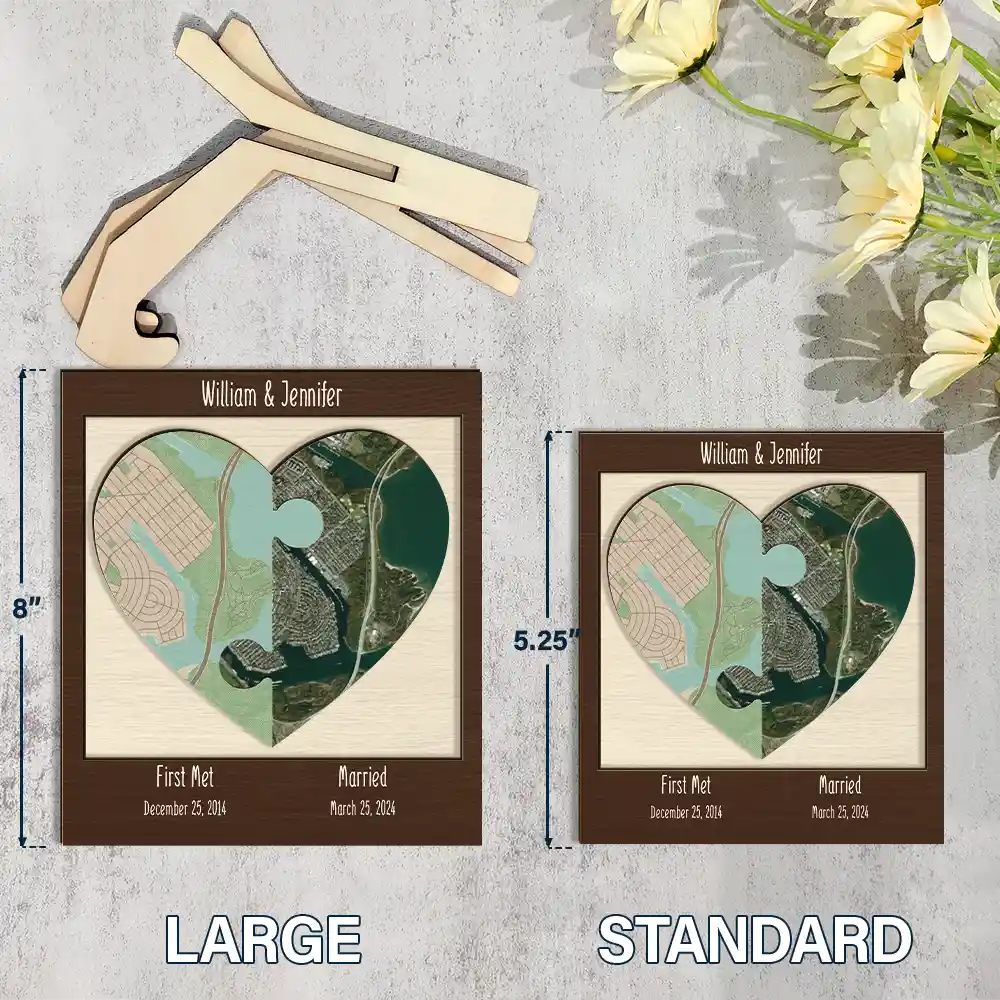 Location Map Couple Anniversaries - Personalized Wooden Plaque With Stand