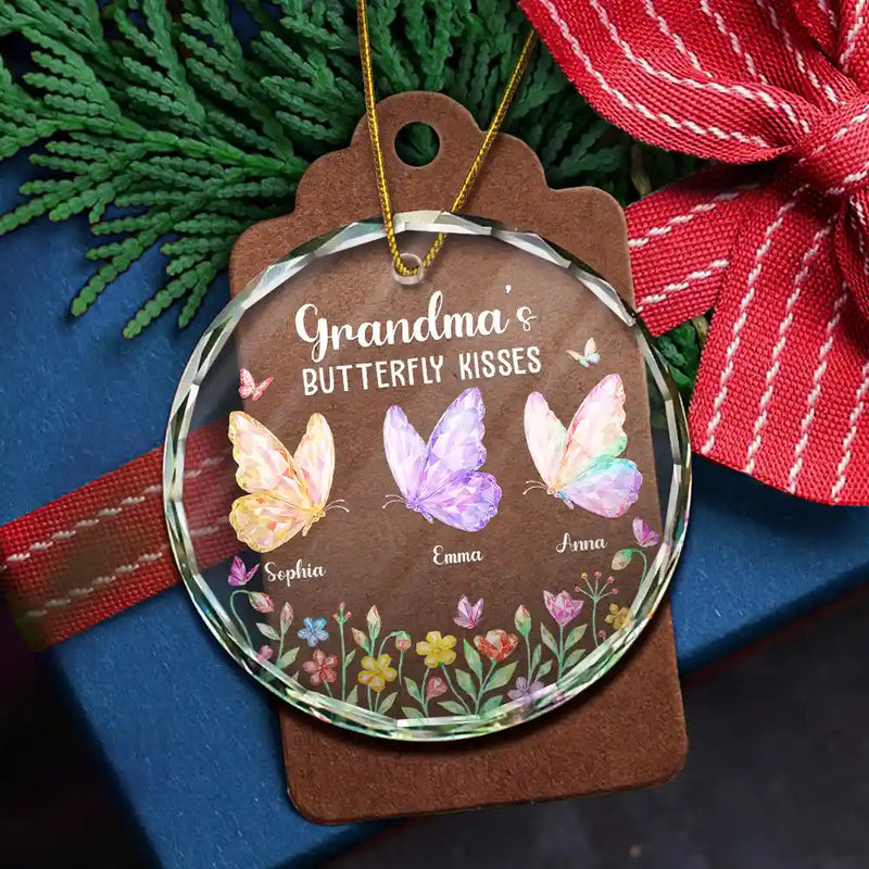 Grandma Kisses Crystal Effect Butterflies - Personalized Circle Acrylic Ornament
