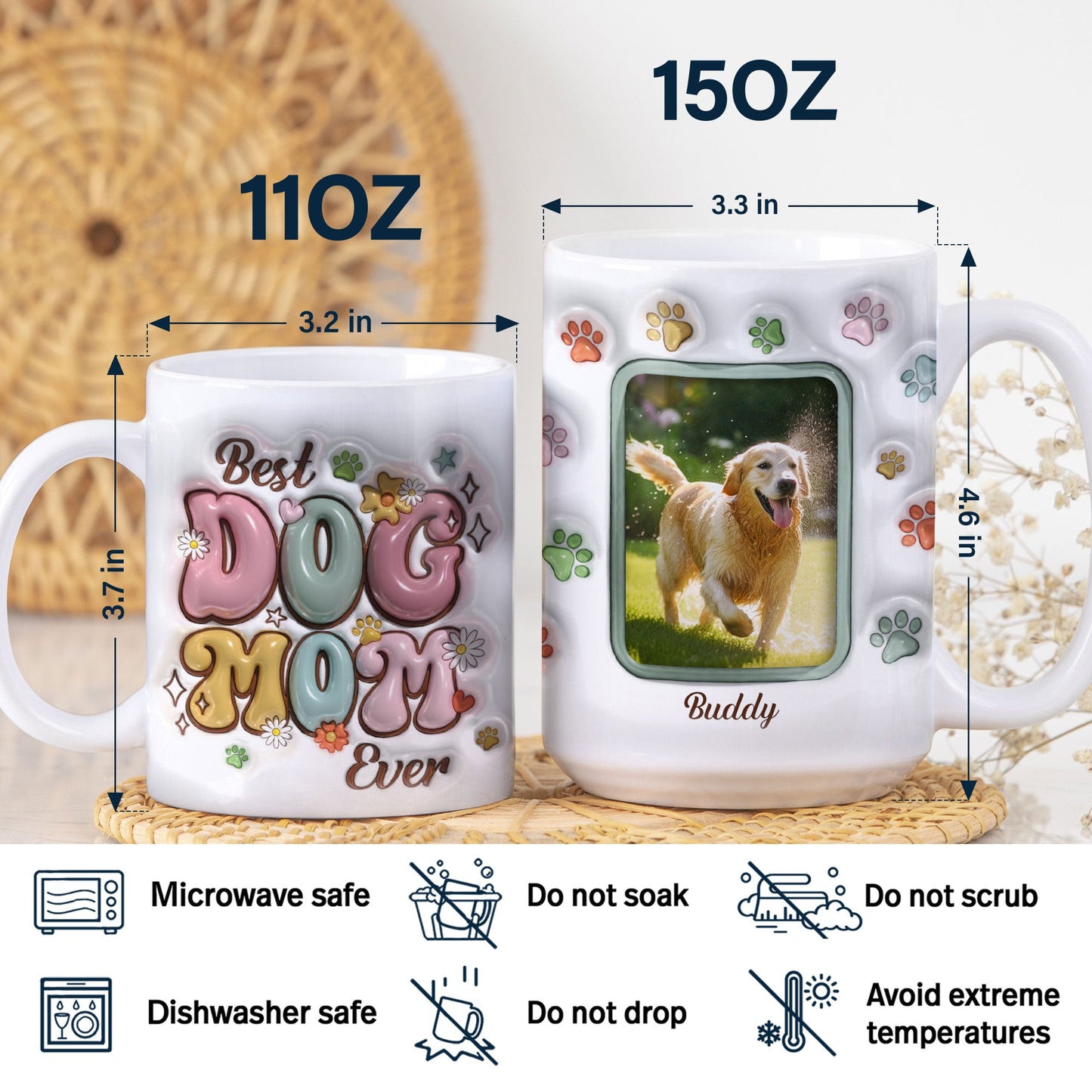 Custom Photo Best Dog Mom Ever - Gift For Dog Lovers - 3D Inflated Effect Printed Mug, Personalized White Edge-to-Edge Mug