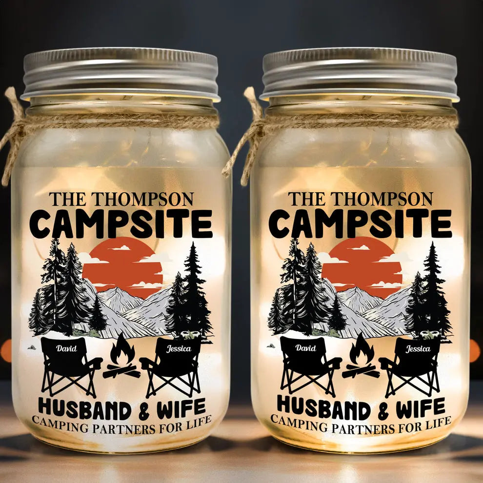 Husband & Wife Camping Partners For Life - Personalized Mason Jar Light The Next Custom Gift