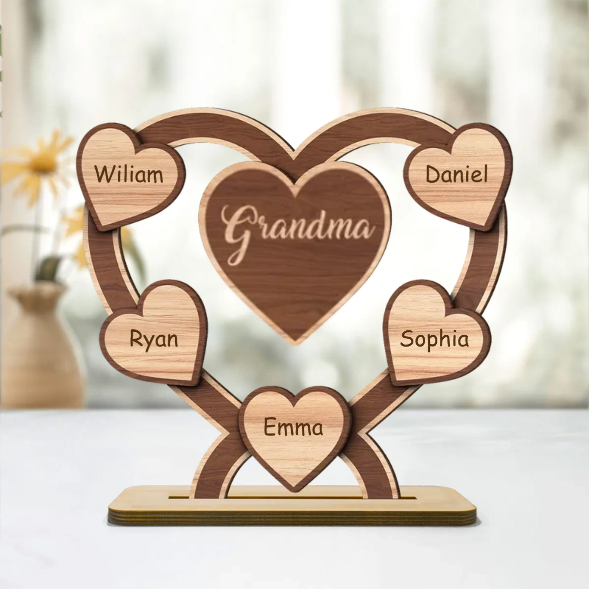 Grandma Mom Hearts Personalized 2-Layered Standing Wooden Plaque, Mother's Day Gift
