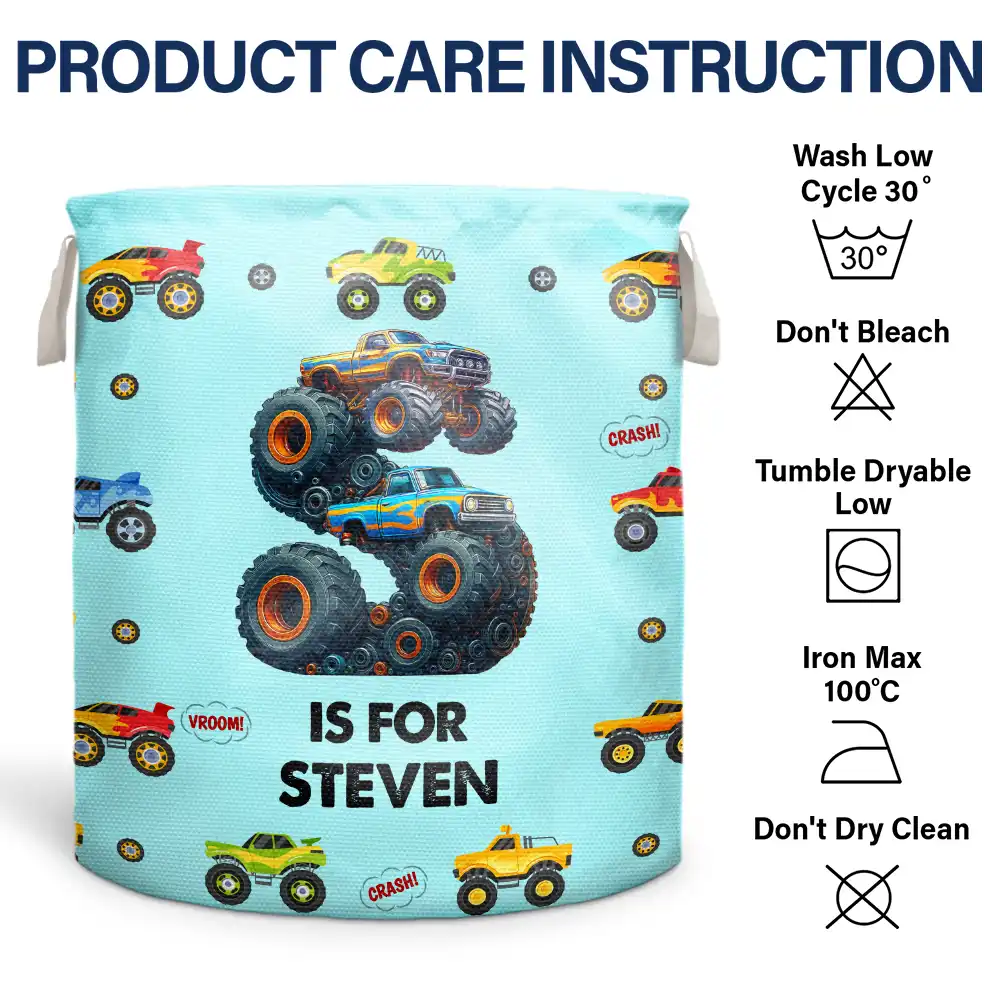Kid Monster Truck Toy Container Monogram Initial - Personalized Laundry Basket, Storage Basket