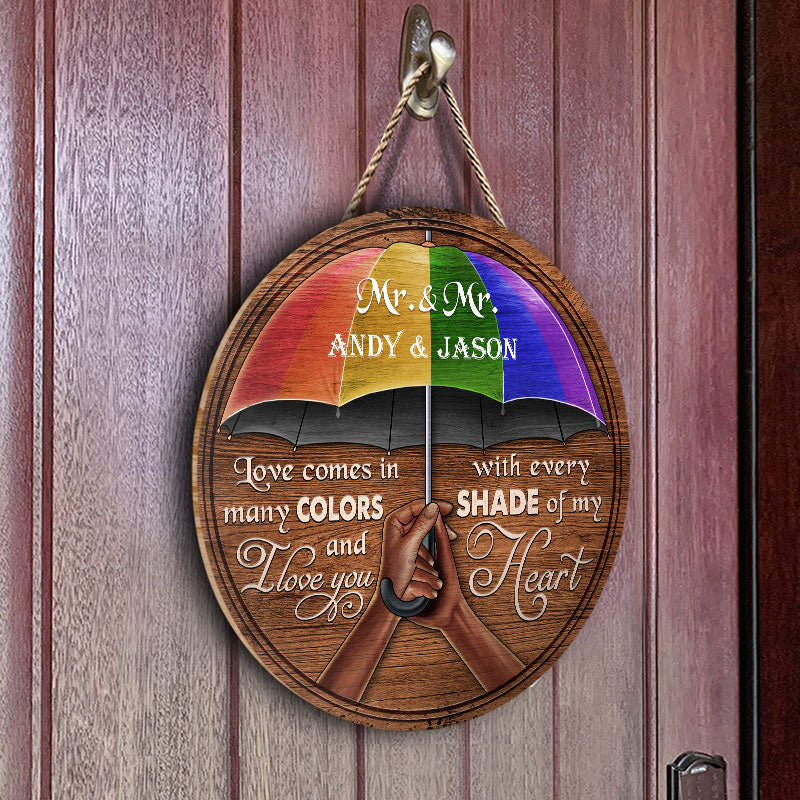 Love In Colors Umbrella Pride Couple Anniversary Gift - Personalized Custom Wood Circle Sign