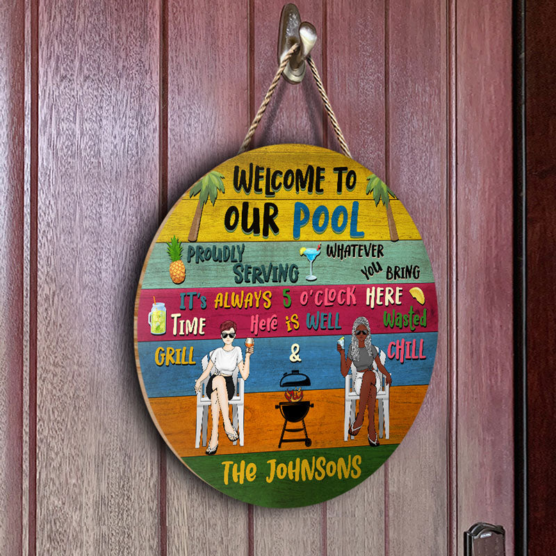 Patio Welcome Grilling Chilling - Gift For Couples - Personalized Custom Wood Circle Sign