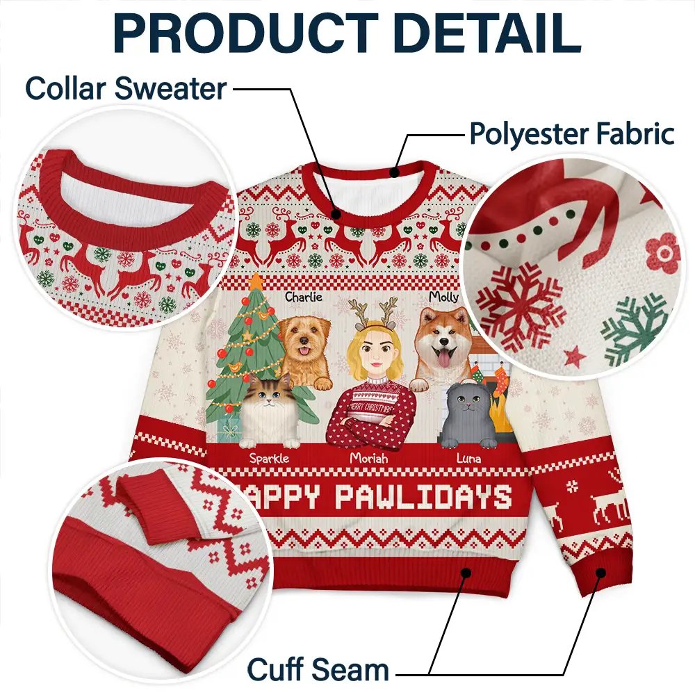 Happy Pawlidays Dog And Cat Lover Flat Art - Personalized Unisex Ugly Sweater