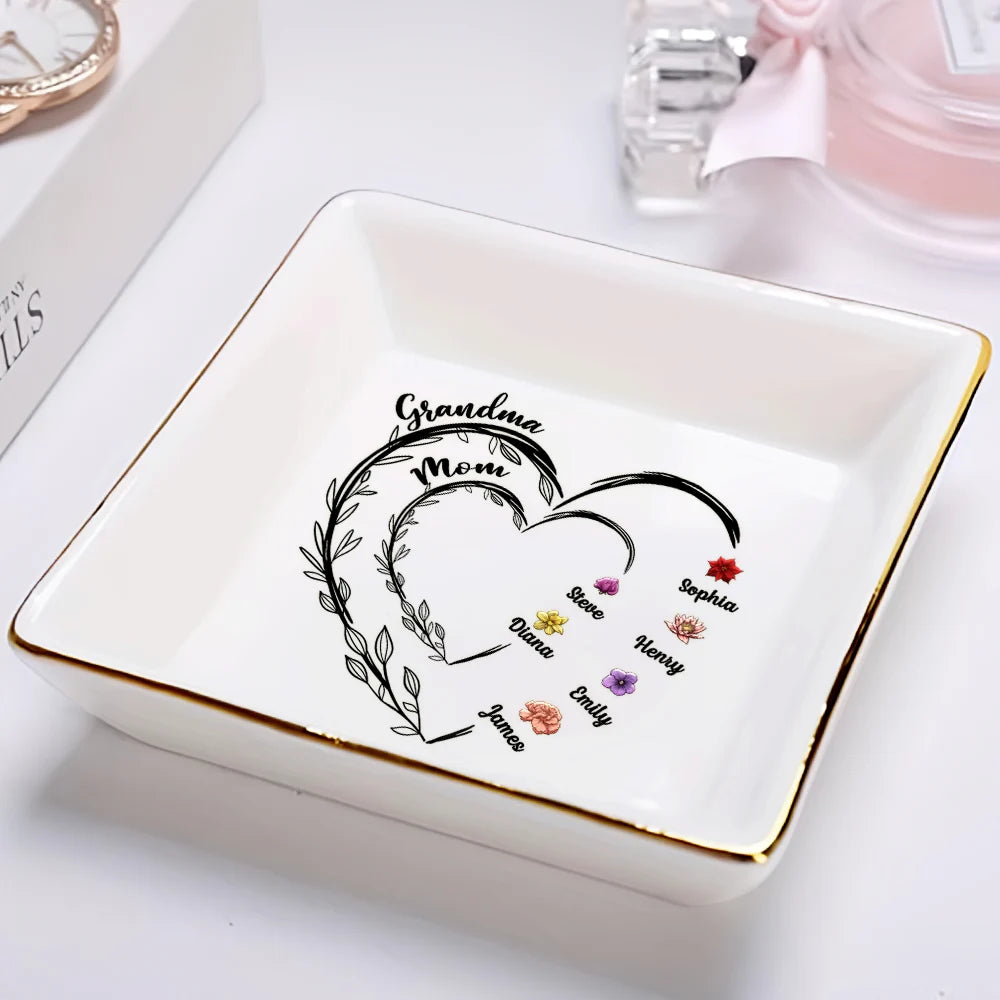 Mom Grandma Sweethearts Birth Month Flowers - Personalized Ring Dish