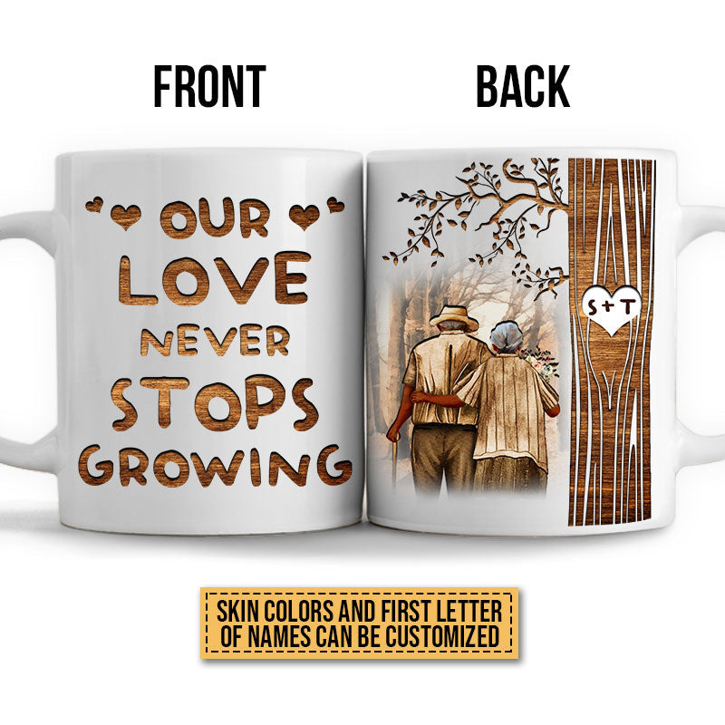 Old Couple Never Stops Growing Custom Mug, Gifts For Wedding, Anniversary, Birthday, Grandparents' Day Gift