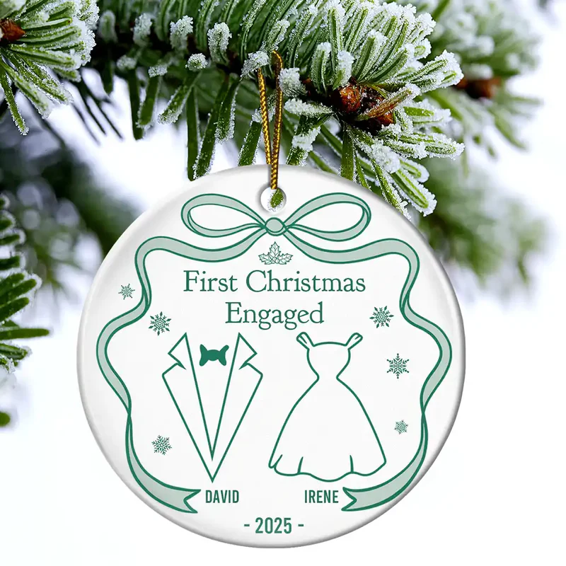 Our First Christmas Toile De Jouy - Personalized Circle Ceramic Ornament