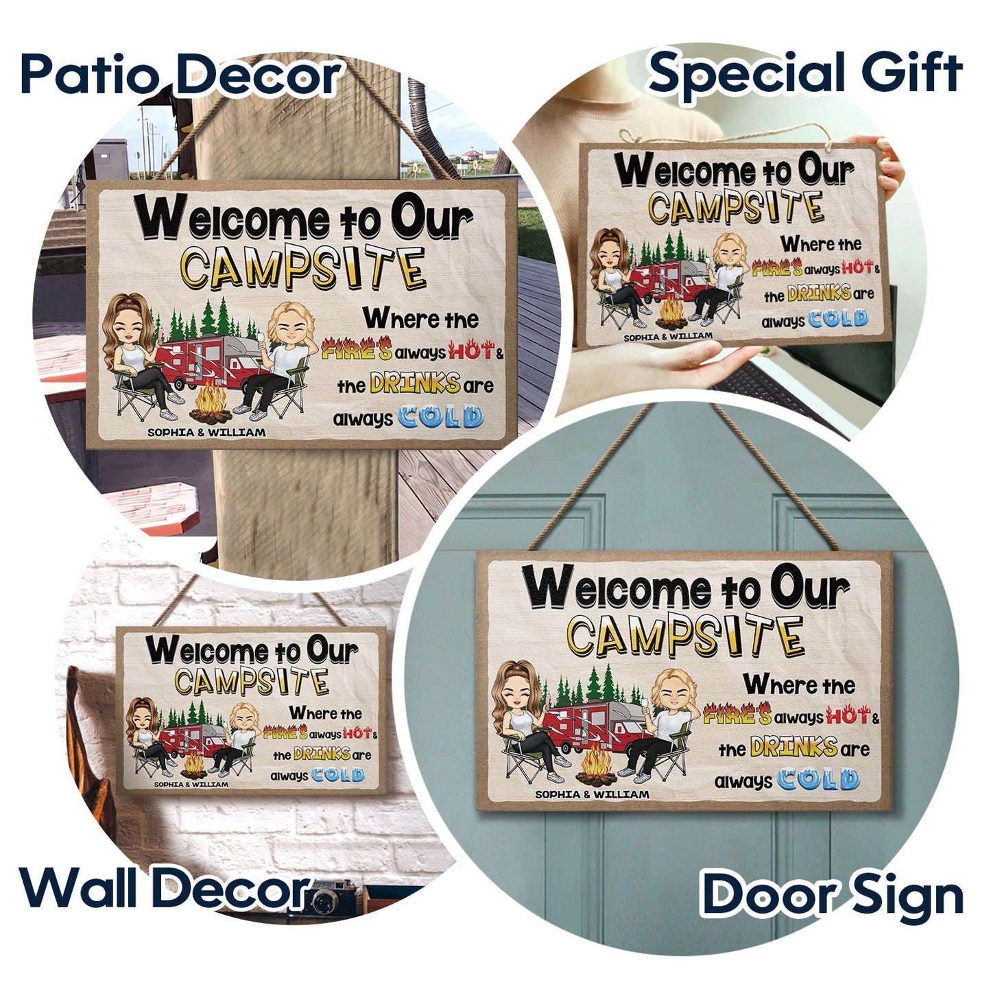 Welcome To Our Campsite - Gift For Campers, Camping Couples, Husband, Wife, Girlfriend, Boyfriend - Personalized Custom Wood Rectangle Sign