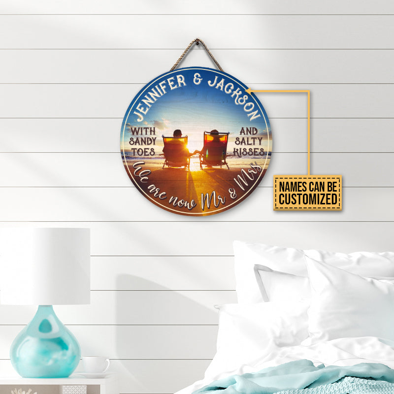 Personalized Beach Sandy Toes Salty Kisses Customized Wood Circle Sign