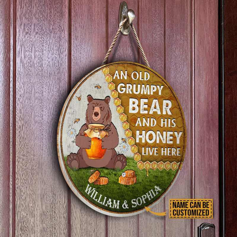 Personalized Bear And His Honey Bee Live Here Custom Wood Circle Sign