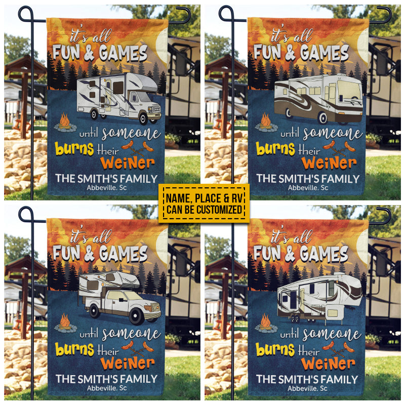 Personalized Camping Retro It's All Fun & Games Custom RV Quotes Customized Flag