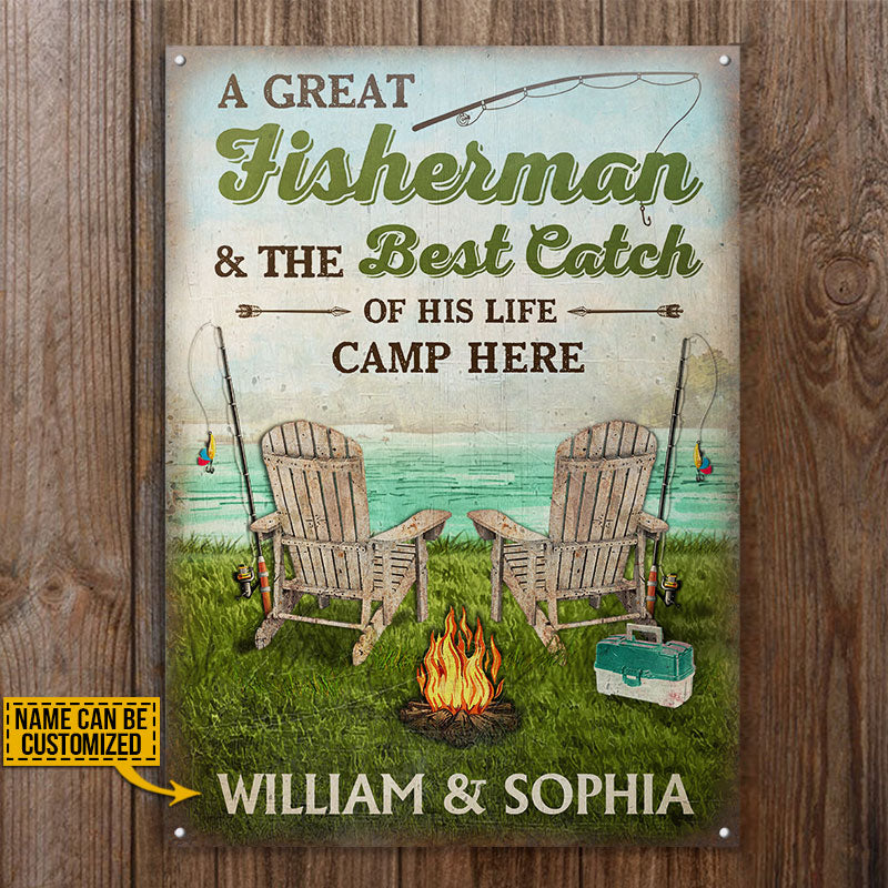 Personalized Fishing Couple Camp Here Custom Classic Metal Signs