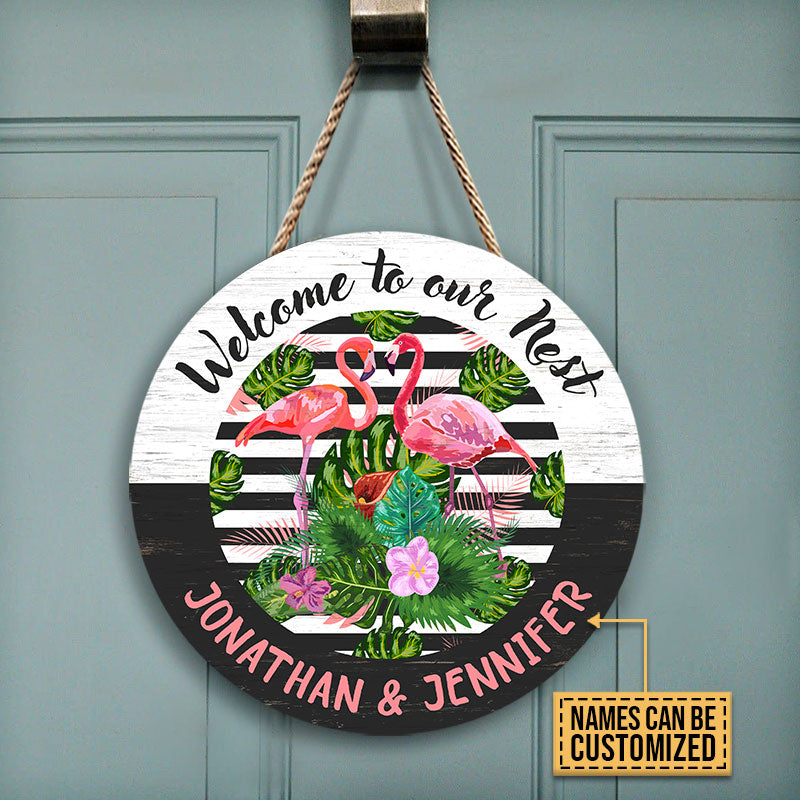 Personalized Flamingo Our Nest Customized Wood Circle Sign