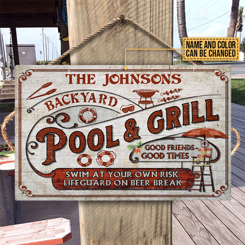 Personalized Pool Grilling Backyard At Your Own Risk Color Custom Wood Rectangle Sign