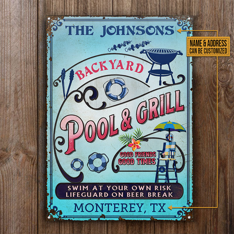 Personalized Pool Grilling Backyard At Your Own Risk Pink Blue Vertical Custom Classic Metal Signs