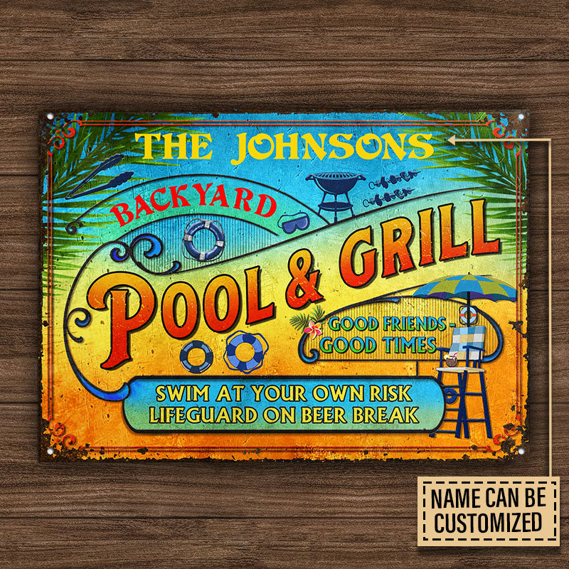 Personalized Pool Grilling Backyard At Your Own Risk Summer Custom Classic Metal Signs