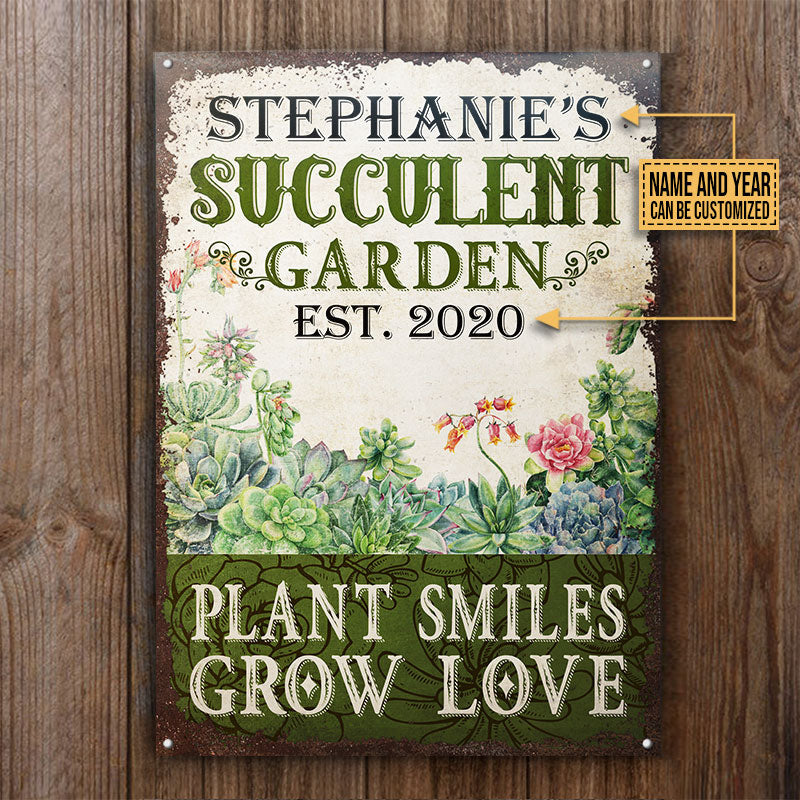 Personalized Succulent Garden Grow Love Vertical Customized Classic Metal Signs