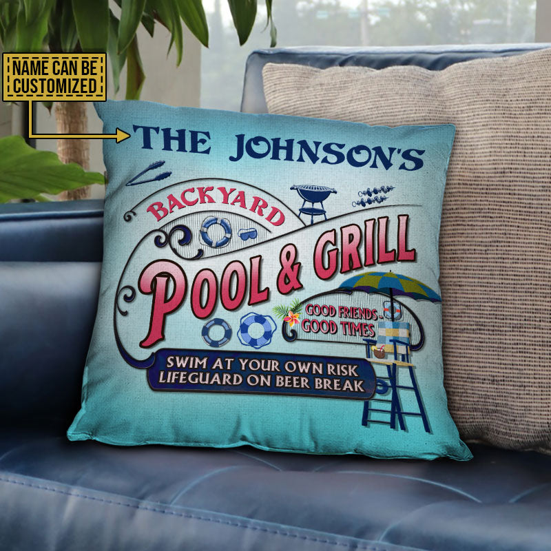Pool Grilling Backyard At Your Own Risk Pink Blue Custom Pillow