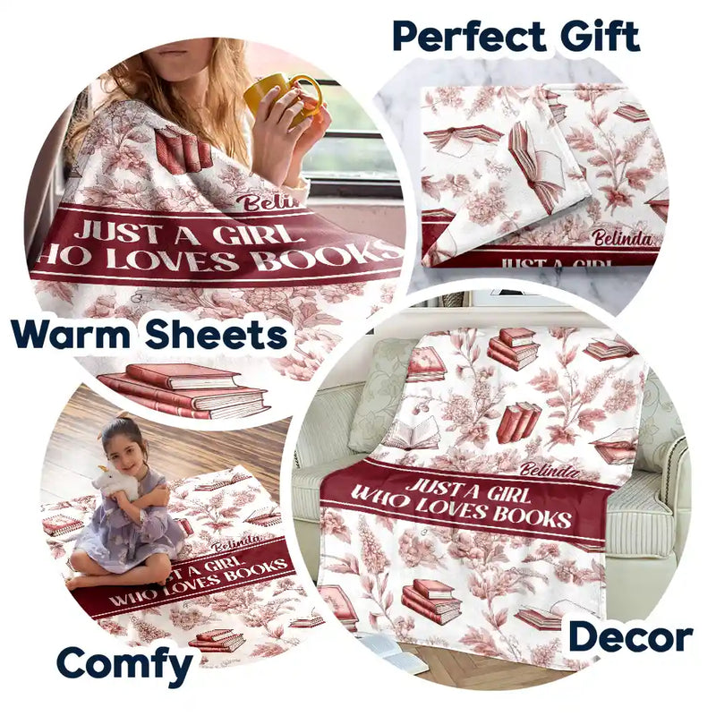 Reading Toile De Jouy Style Just A Girl Who Loves Books - Personalized Fleece Blanket, Sherpa Blanket