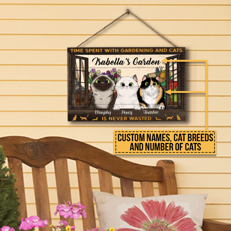 Time Spent With Gardening And Cats Is Never Wasted, Cat Lover Gift, Garden Sign, Home Decor, Custom Wood Rectangle Sign