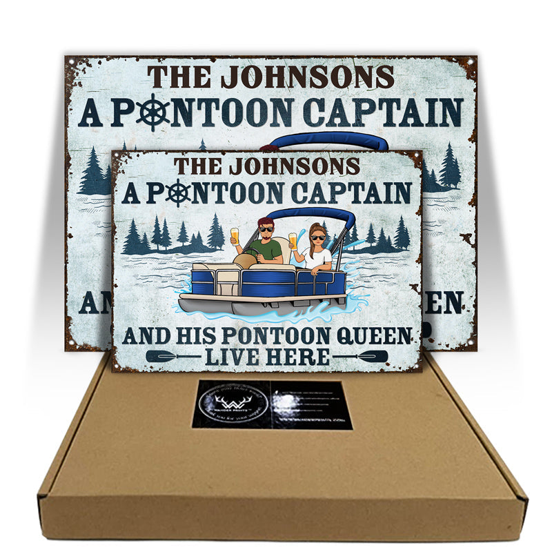 A Pontoon Captain And His Pontoon Queen Live Here - Couple Gift - Personalized Custom Classic Metal Signs