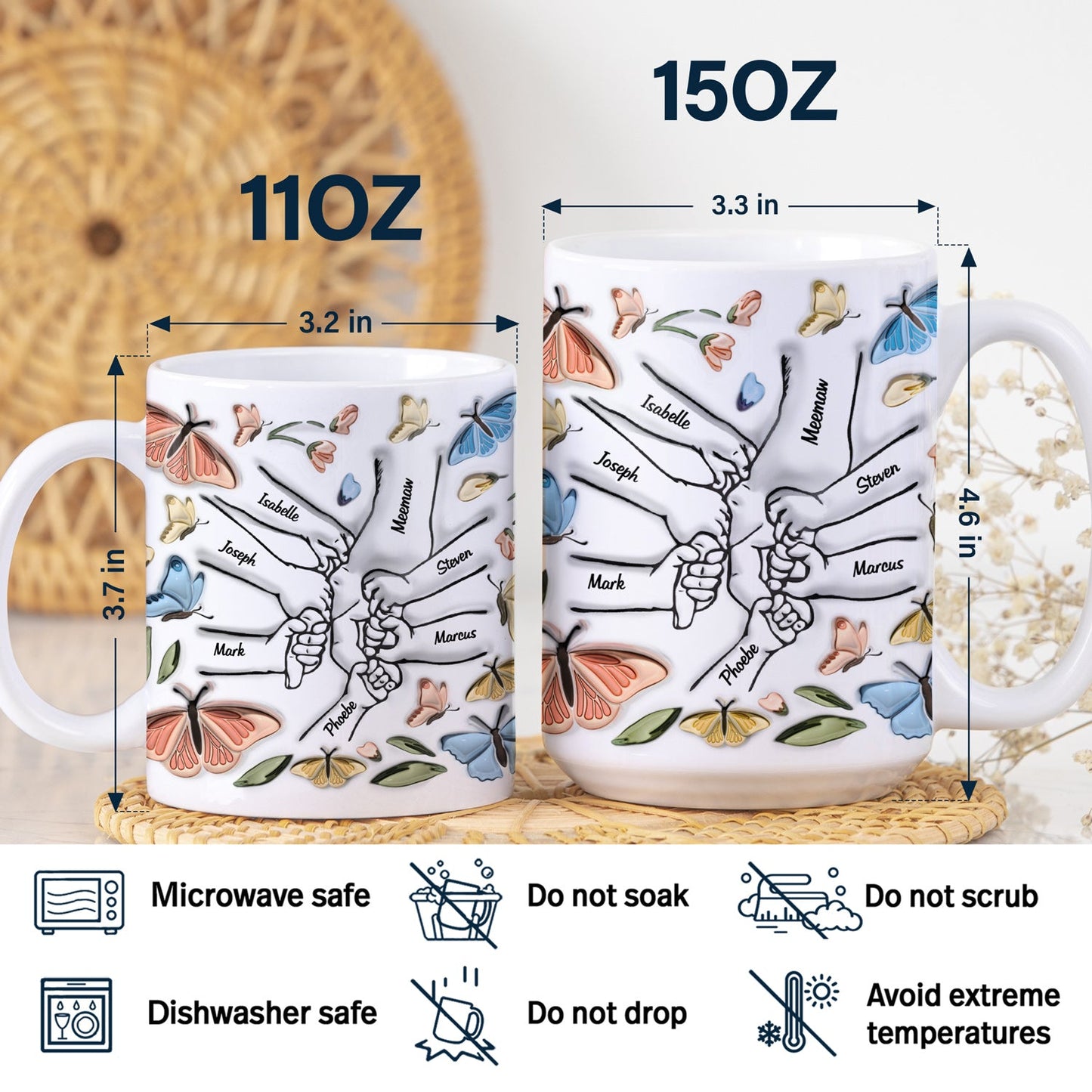 Hand In Hand, I Will Always Protect You Butterflies - Gift For Mom, Grandma - 3D Inflated Effect Printed Mug, Personalized White Edge-to-Edge Mug