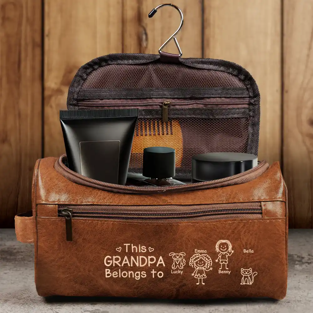 This Grandpa Dad Belongs To Kids Pet - Personalized Leather Toiletry Bag