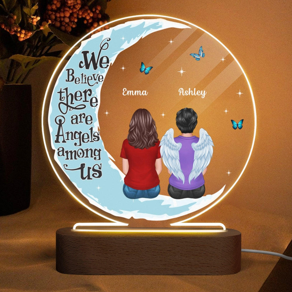 Moon Butterflies Angel Among Us Memorial Family Back View Personalized Circle Acrylic Plaque With LED Lamp - Remembrance Keepsake