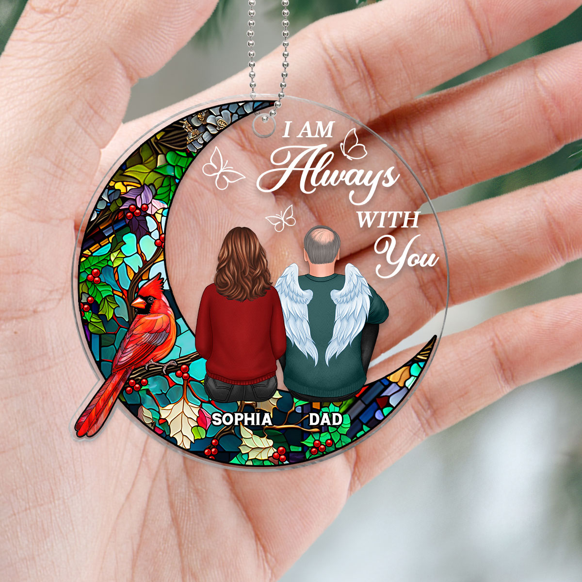 Stained Glass Moon Cardinal Always With You Family Remembrance Memorial Keepsake Christmas Personalized Acrylic Ornament
