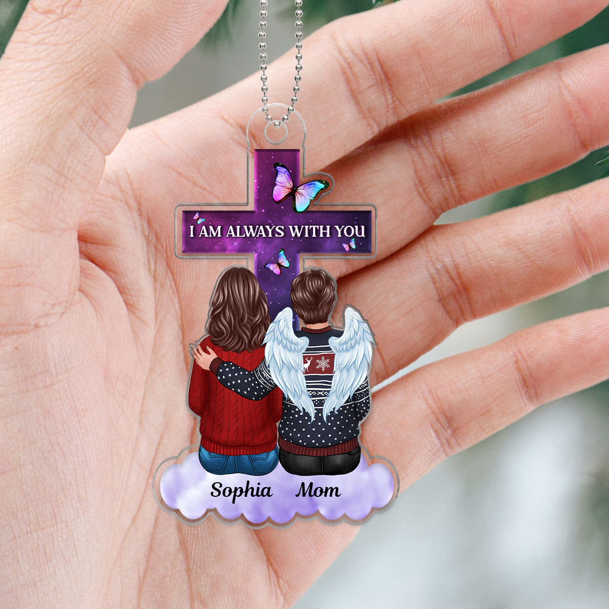 Butterfly Cross Family Memorial Remembrance Keepsake Personalized Acrylic Ornament