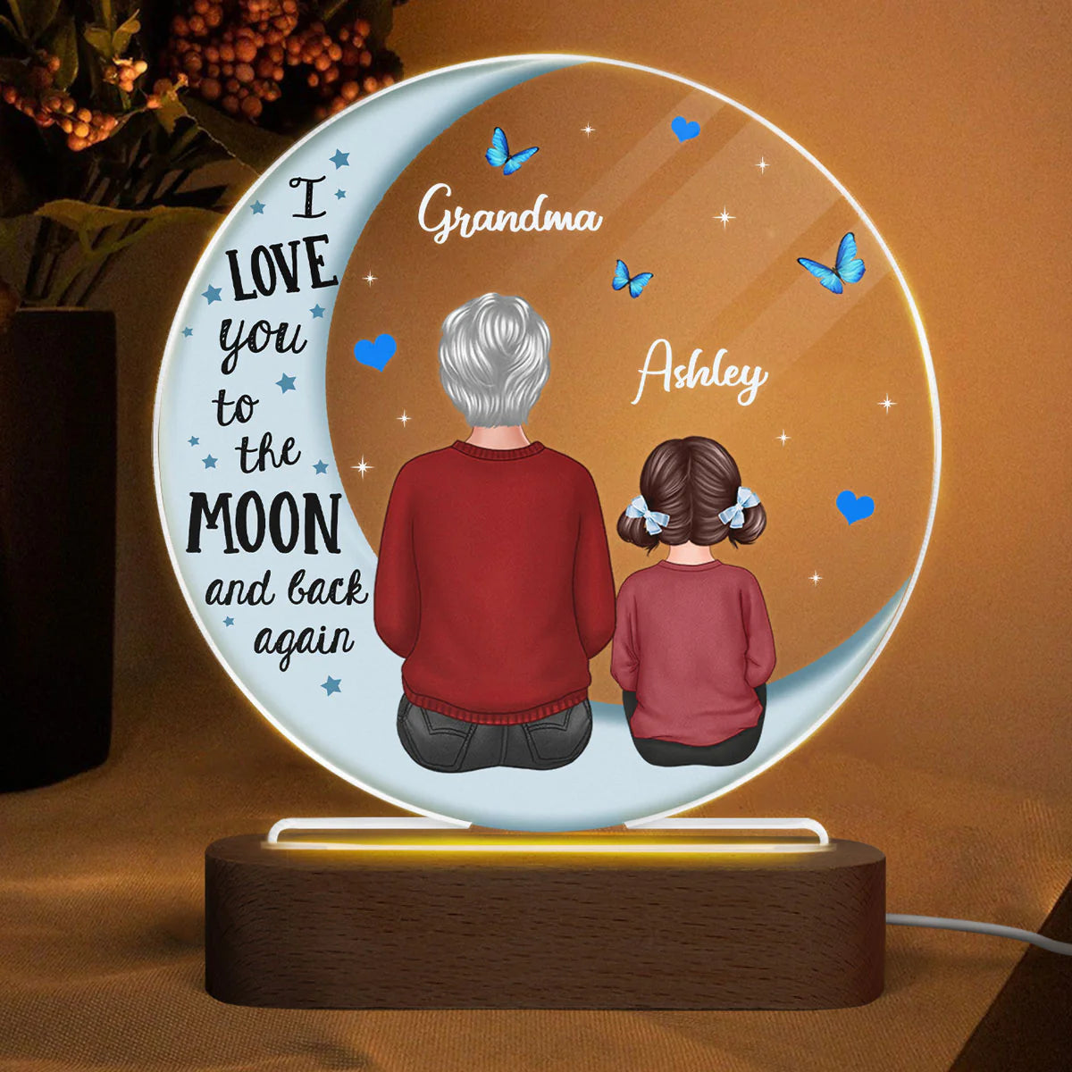 Grandma Grandkids Blue Moon Personalized Circle Plaque LED Night Light, Gift For Grandma