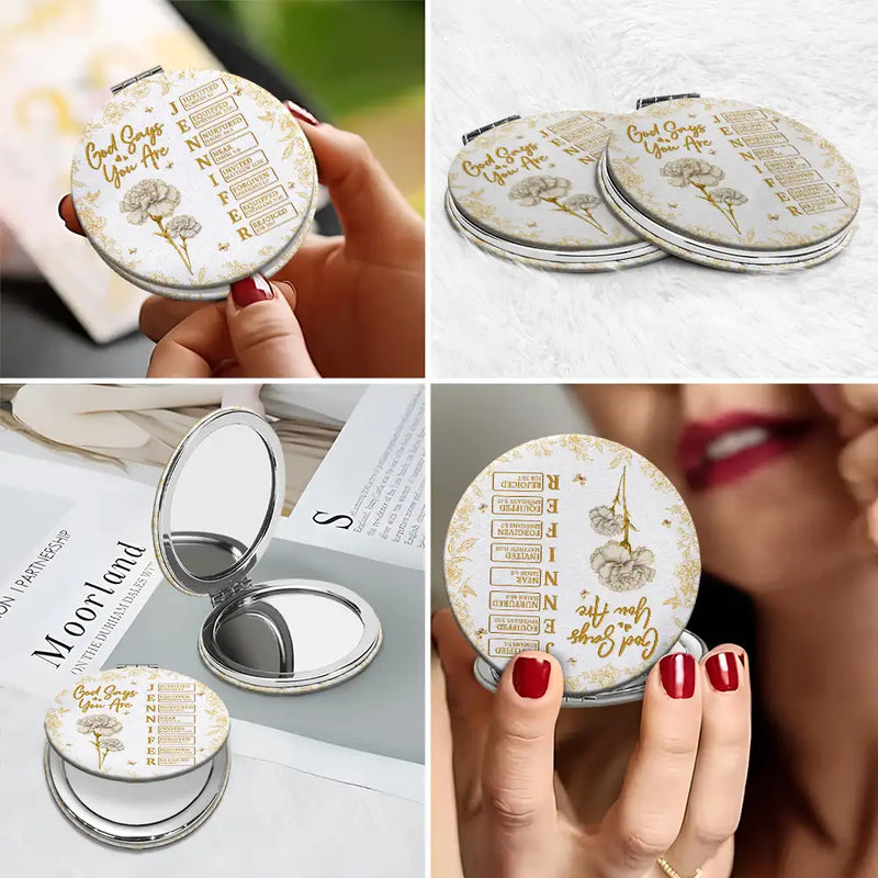 God Says I Am Birth Flower 3D Effect Name Letter In Bible - Personalized Circle Compact Mirror