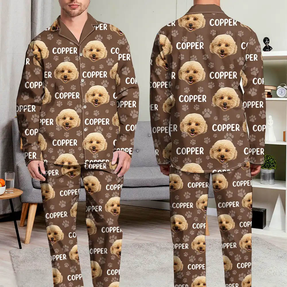 Custom Photo Funny Pet Face Pattern Dog Cat Family - Personalized Long Pajamas Set