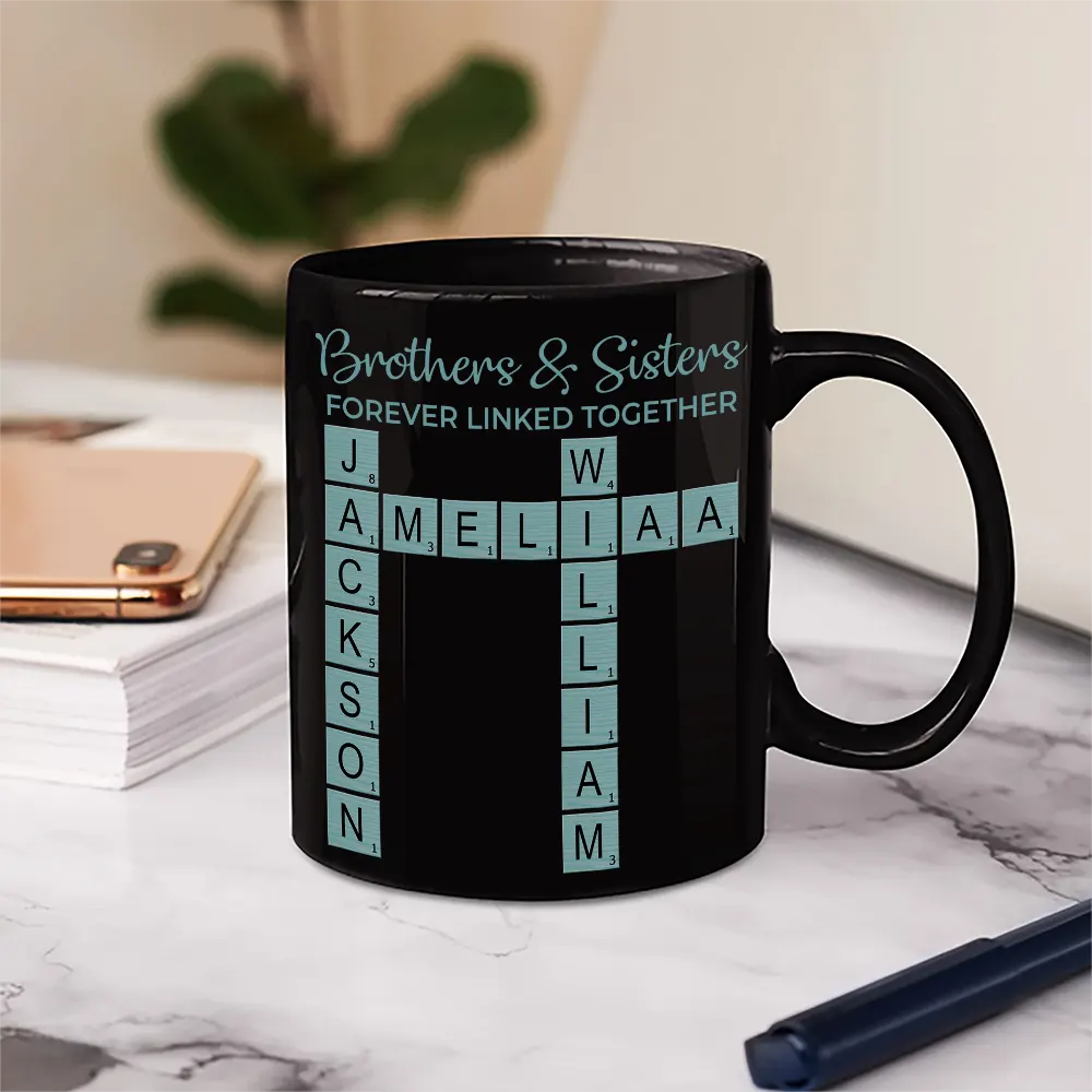 Sibling Brothers & Sisters Forever Linked Together Crossword Scrabble - Personalized Mug