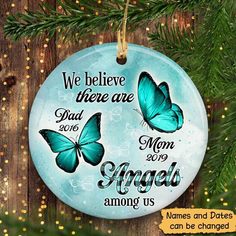 Teal Butterflies Checkered Pattern Memorial Personalized Circle Ornament