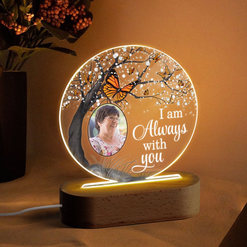 Butterfly Always With You Blossom Tree Family Memorial Photo Personalized Circle Acrylic Plaque LED Lamp Night Light