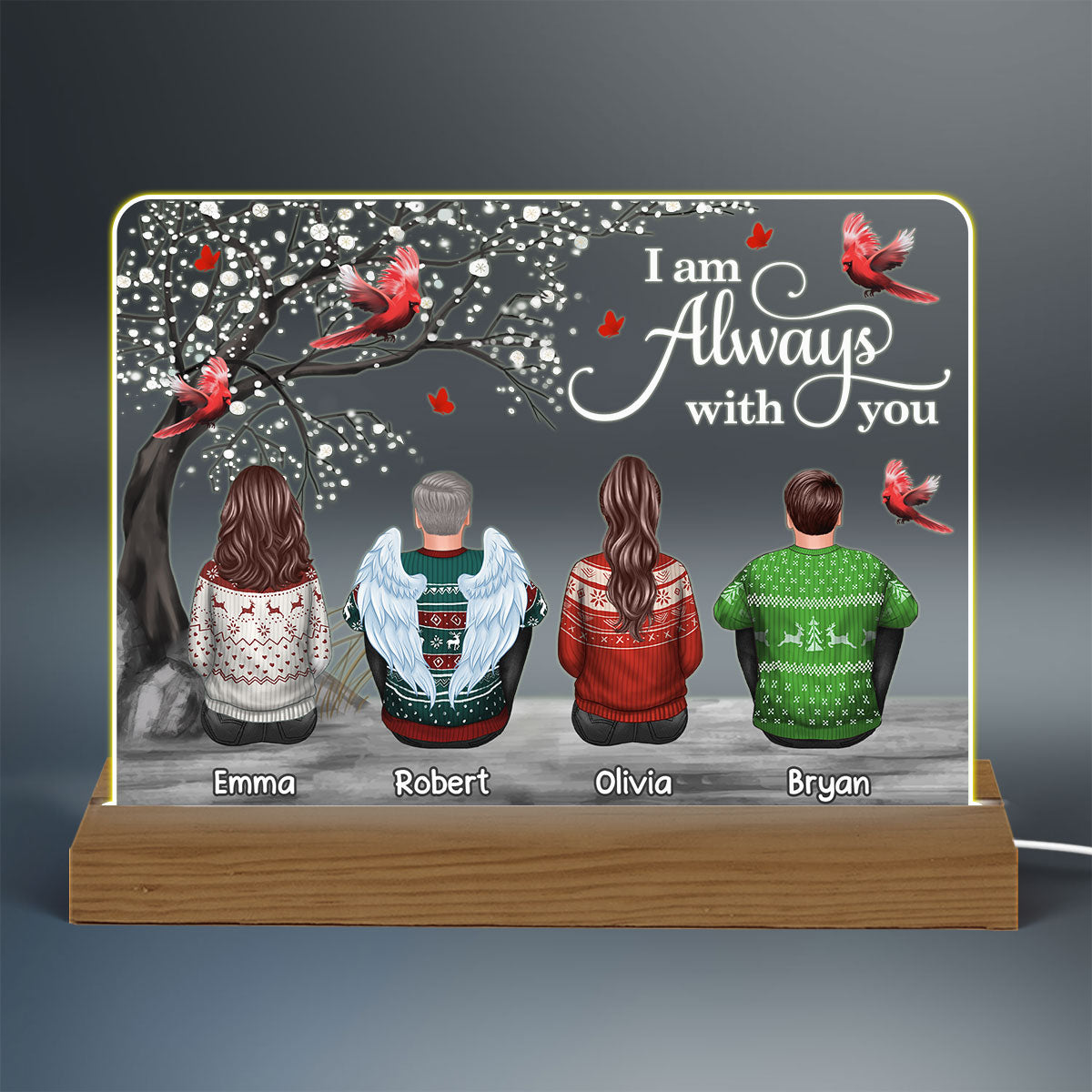 Cardinals Blossom Tree Always With You Family Memorial Remembrance Gift Christmas Personalized Custom Shape Acrylic Plaque Warm LED Night Light