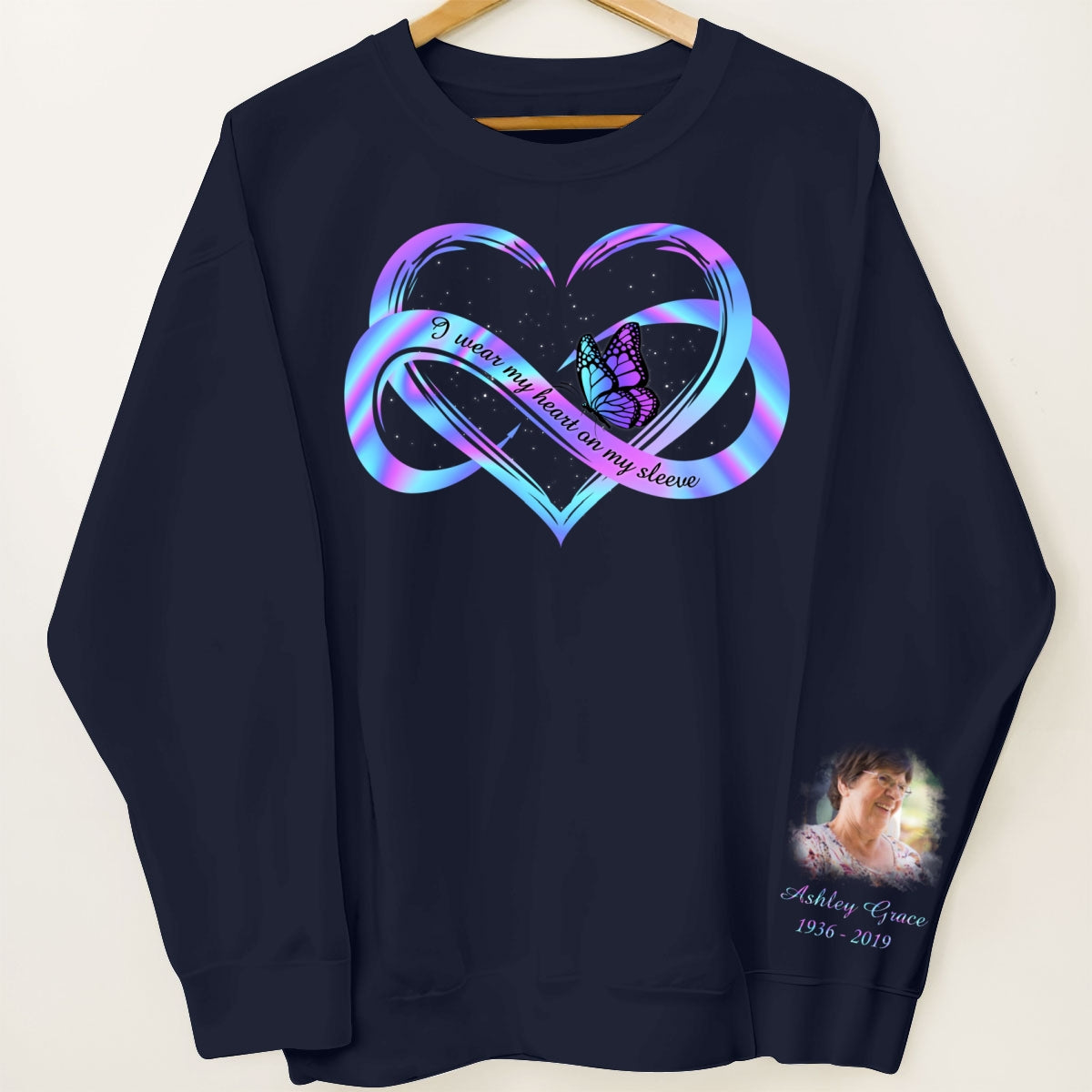 I Wear My Heart On My Sleeve Memorial, Sympathy Gift, Personalized Sleeve Printed Sweatshirt