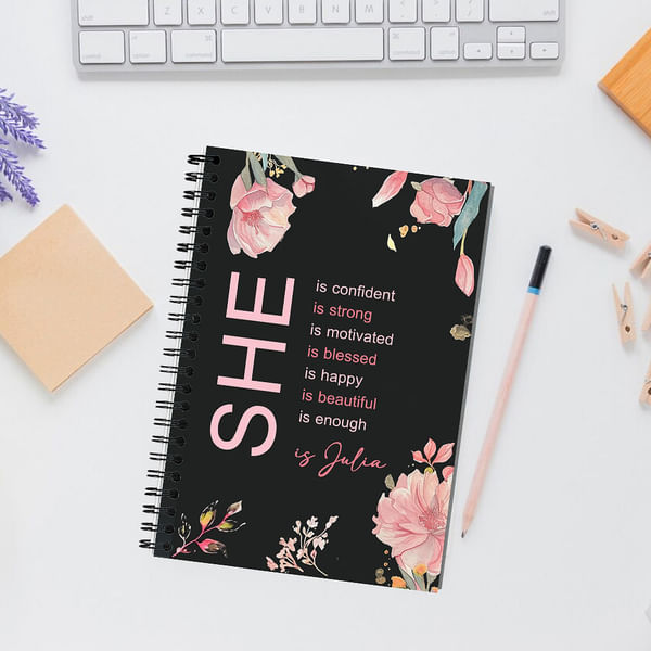 Personalised Self Care She Is Me Black A5 Spiral Journal Notebook with Name Flower Design 120 Pages Birthday Affirmation Gift for Women Girls